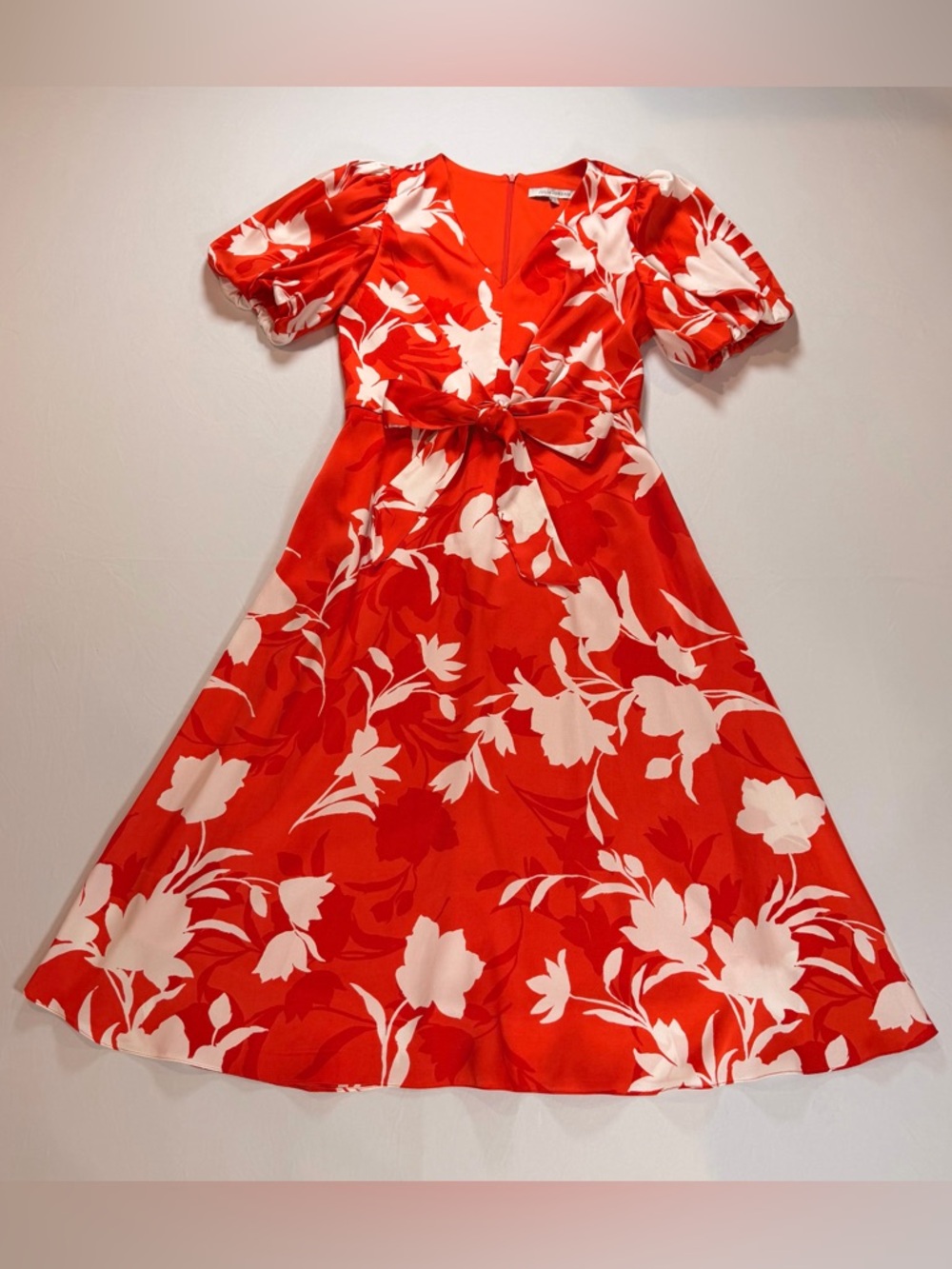 Julia Jordan Balloon Short Sleeve Tie Front Midi Dress in Red Orange&Ivory Sz. 6